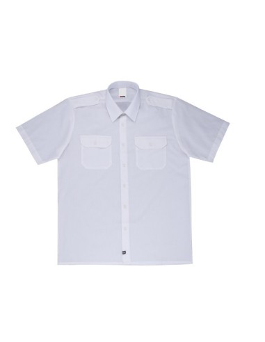 - Camisa tipo uniforme de manga corta con dos bolsillos, botones del mismo tono que la prenda y galoneras en hombros con botón.