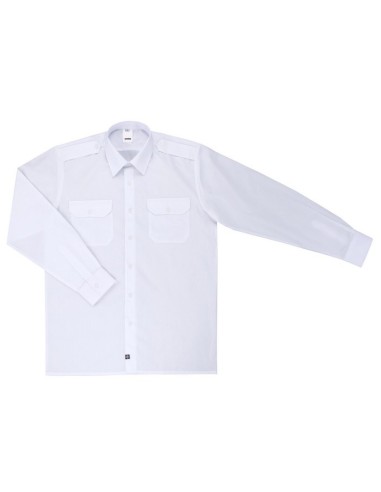 - Camisa tipo uniforme de manga larga con dos bolsillos con tapeta, botones del mismo tono que la prenda y galoneras en hombros