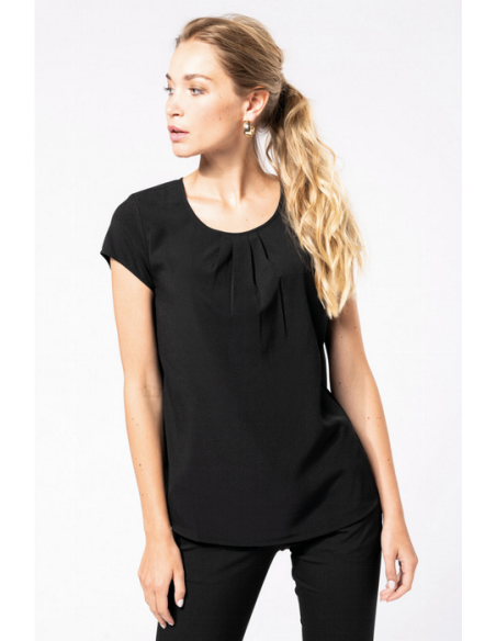 BLUSA SRA M/C MUY CORTA 100%POLIESTER CREPE PLIEGUES EN CUELLO