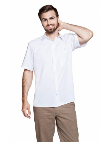 Camisa caballero de manga corta con un tejido popeli´n de 115 gr/m2. Cuello italiano, sin tapeta en botonadura y dos pinzas, un