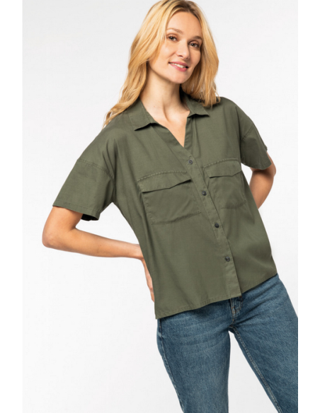 BLUSA M/C CUELLO PICO SOLAPA 2 BOLSILLOS 60% TENCEL 40% ALGODON ORGANICO