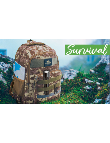 MOCHILA MONTAÑA SURVIVAL CAMUFLAJE TACTICA O NEGRA 47X30X15 CM