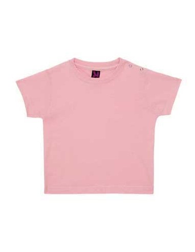 Camiseta de manga corta especial para bebe, confeccionada con tejido en galga fina y acabado compactado. Cuello redondo y abert