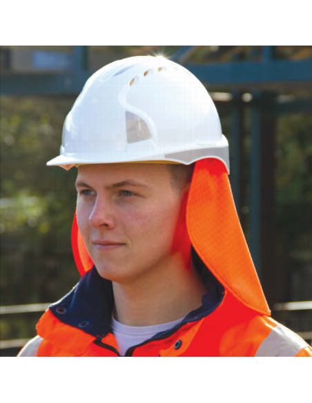 <img alt="Capa protectora Hi Visibility Neck Cape, color naranja, compatible con cascos JSP EVO y Hardcap Aerolite, con protecc