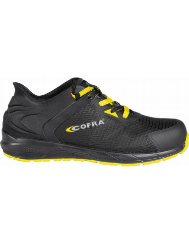 Zapato de seguridad Cofra Sprint S1 PS FO SR negro con detalles amarillos, ideal para entornos industriales.