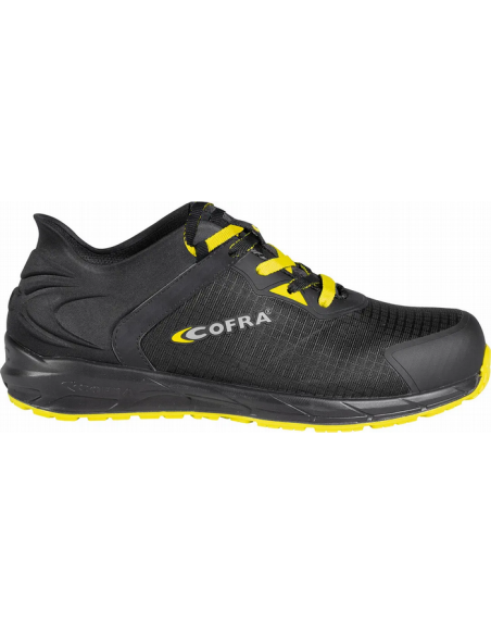 Zapato de seguridad Cofra Sprint S1 PS FO SR negro con detalles amarillos, ideal para entornos industriales.