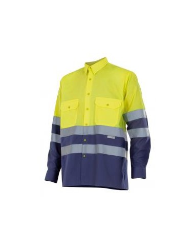 - Camisa bicolor de alta visibilidad de manga larga y puños con cierre de botón. cintas reflectantes en torso y mangas, abertur