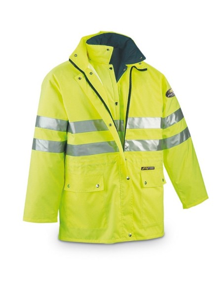 Parka Alta visibilidad. FLUO TRIPLE USO
Chubasquero exterior: Transpirable. Capucha escamoteable en cuello y ajustable con cor