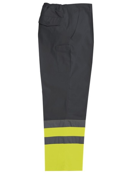 - Pantalón bicolor de alta visibilidad, elástico en la cintura y pespunte trasero de seguridad. cintas reflectantes en el bajo.