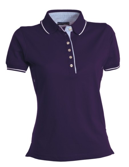 Polo de manga corta para mujer con 6 botones blancos, cuello interior, solapas y aberturas laterales en color Oxford, ribete de